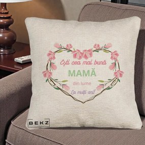 Cadou pentru Mama - Perna Personalizata Esti Cea mai Buna Mama din Lume La Multi Ani cu Inima Florala, 40x40 cm, Bej Canapea, Husa Detasabila, Perna Inclusa, BEKZ®