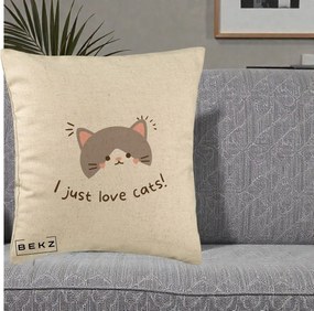 Perna Personalizata I Just Love Cats Pisica Kawaii, 40x40 cm, Bej, Husa Detasabila, Perna Inclusa, BEKZ®