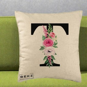 Cadou Personalizat - Perna Personalizata Monograma Florala Litera T, 40x40 cm, Bej, Husa Detasabila, Perna Inclusa, BEKZ®
