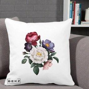 Perna Decorativa Buchet Trandafiri Bujori Botanical, 40x40 cm, Alba Mata, Husa Detasabila, Perna Inclusa, BEKZ®