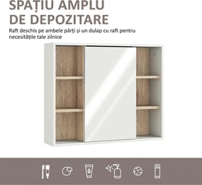 HOMCOM Dulap cu Oglinda din MDF si PAL, Dulap de Baie cu 3 Rafturi Laterale si Raft Interior Reglabil, 60x14.5x49.4 cm, Alb si Lemn Natur | Aosom RO