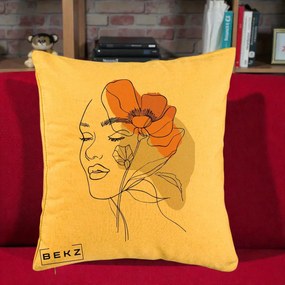 Perna Decorativa Portret Feminin Mac Mare Portocaliu, 40x40 cm, Galben, Husa Detasabila, Perna Inclusa, BEKZ®
