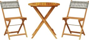 vidaXL Set bistro de grădină, 3 piese, gri, poliratan și lemn masiv