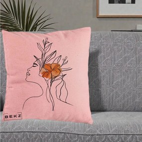 Perna Decorativa Portret Feminin Floare Portocalie Lateral, 40x40 cm, Roz, Husa Detasabila, Perna Inclusa, BEKZ®