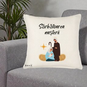 Perna Decorativa Nasterea Domnului Sfanta Familie Sarbatoarea Nasterii, 40x40 cm, Crem Reliefat, Husa Detasabila, Perna Inclusa, BEKZ®