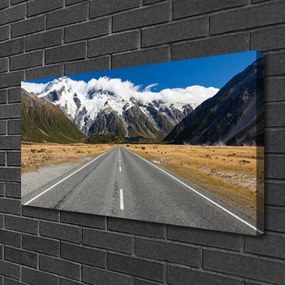 Tablou pe panza canvas Munții drum de munte de zăpadă Peisaj Gri Albastru Alb Maro