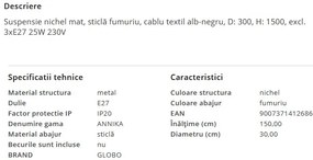 Lustra moderna cu 3 pendule ANNIKA nickel