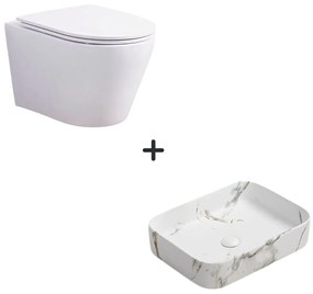 Set vas wc rimless cu capac soft close Oslo plus lavoar baie dreptunghiular cu efect marmura