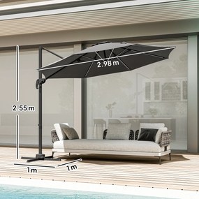 Outsunny Umbrelă de Soare Exterioară cu Lumini LED și Unghi Reglabil, Umbrelă de Grădină din Aluminiu și Poliester, Ø3x2.5 m, Gri | Aosom Romania