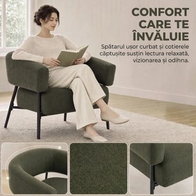HOMCOM Fotoliu tapițat pentru living din țesătură cu aspect de in, șezut lat și adânc, spătar curbat, verde închis | Aosom Romania
