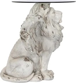 Măsuță laterală sculptată din oxid de magneziu, leu înaripat, blat din sticlă, finisaj gri antichizat, 96 x 62 x 61 cm, „Leon"