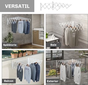HOMCOM Uscător de Rufe Retractabil pentru Perete, Uscător Pliabil Economisitor de Spațiu din Metal pentru Interior și Exterior, 63,5x60x20 cm, Alb | Aosom Romania
