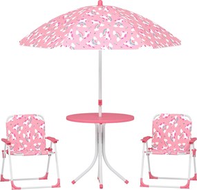 AIYAPLAY Masă de Picnic pentru Copii, Set Masă și Scaune cu 2 Scaune Pliabile și Umbrelă Detasabilă, Temă Junglă, Mobilier de Exterior pentru Grădină, Patio, Roz | Aosom Romania
