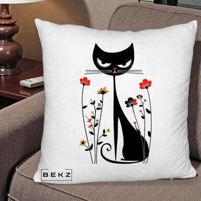 Perna Decorativa Pisica Neagra Grafica Flori Rosii, 40x40 cm, Alb Pufos, Husa Detasabila, Perna Inclusa, BEKZ®