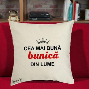 Cadou pentru Bunica - Perna Personalizata Cea Mai Buna Bunica Din Lume Coroana Neagra, 40x40 cm, Ecru, Husa Detasabila, Perna Inclusa, BEKZ®