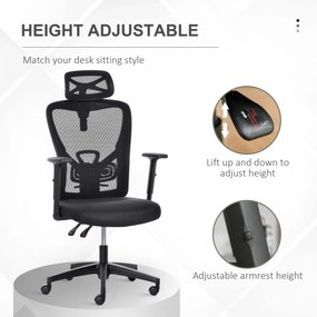 Scaun de birou ergonomic Vinsetto, Inaltime reglabila, Tetiera, 66x61x100-109.5cm, Negru
