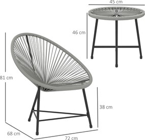 Outsunny Set mobilier de grădină 3 piese, 2 scaune din ratan plastic, 1 masă cu blat din sticlă, cadru din oțel, mobilier de exterior, Gri | Aosom Romania