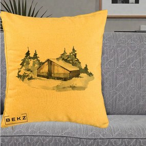 Perna Decorativa Cabana de Iarna in Padure, 40x40 cm, Galben, Husa Detasabila, Perna Inclusa, BEKZ®