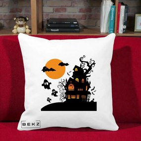 Perna Decorativa Halloween Casa Bantuita cu Fantome, 40x40 cm, Alba Mata, Husa Detasabila, Perna Inclusa, BEKZ®