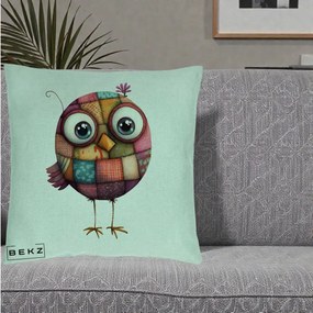 Perna Decorativa Pasare Patchwork Roz cu Floare, 40x40 cm, Verde Menta, Husa Detasabila, Perna Inclusa, BEKZ®