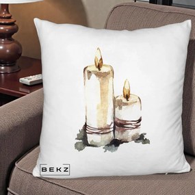 Perna Decorativa Lumanari Acuarela Iarna, 40x40 cm, Alb Pufos, Husa Detasabila, Perna Inclusa, BEKZ®