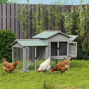 PawHut Cotet pentru găini din lemn adăpost cu tarc exterior cuib rampă tavă extractabilă pentru 2-4 găini 168x75x103cm Gri | Aosom Romania