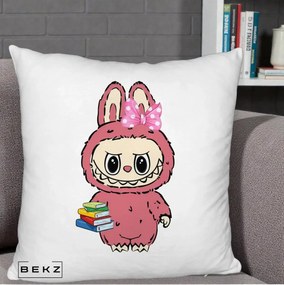 Perna Personalizata Labubu Roz cu Funda si Carti, 40x40 cm, Alb Pufos, Husa Detasabila, Perna Inclusa, BEKZ®