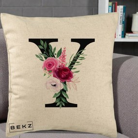 Cadou Personalizat - Perna Personalizata Monograma Florala Litera Y cu Buchet, 40x40 cm, Bej, Husa Detasabila, Perna Inclusa, BEKZ®