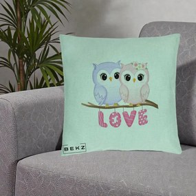Perna Decorativa Love Bufnite Indragostite pe Crenguta Roz si Mov, 40x40 cm, Verde Menta, Husa Detasabila, Perna Inclusa, BEKZ®
