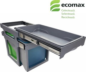 Cos gunoi incorporabil Ecomax Tank Front 40, cu extragere automata, colectare selectiva, 2 x 16 l Polipropilena, Gri Verde Albastru, H:428 mm; L:339