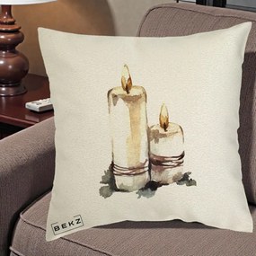 Perna Decorativa Lumanari Acuarela Iarna, 40x40 cm, Ecru, Husa Detasabila, Perna Inclusa, BEKZ®