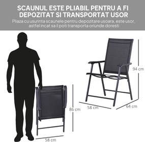 Outsunny Set 2 Scaune de Grădină Pliabile cu Brațe, Scaune pentru Prânz de Exterior din Metal și Texteline, pentru Terasă, Balcon, Curte, Interior și Exterior, 58x64x94cm, Negru | Aosom Romania
