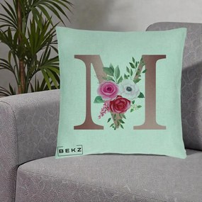 Cadou Personalizat - Perna Personalizata Monograma Rose Gold Litera M cu Trandafiri, 40x40 cm, Verde Menta, Husa Detasabila, Perna Inclusa, BEKZ®