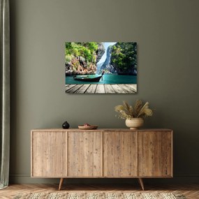 Tablou pe sticlă - Apă peisaj mediteranean cu barca (70x50 cm)