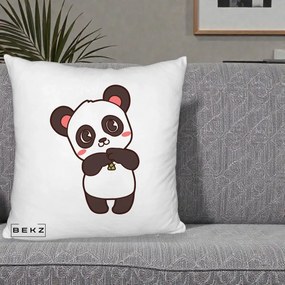 Perna Personalizata Panda Kawaii cu Bambus, 40x40 cm, Alb Pufos, Husa Detasabila, Perna Inclusa, BEKZ®