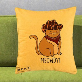 Perna Decorativa Pisica Cowboy Meowdy, 40x40 cm, Galben, Husa Detasabila, Perna Inclusa, BEKZ®