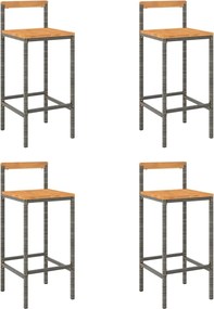 vidaXL Scaune de bar, 4 buc, gri, poliratan și lemn masiv de acacia