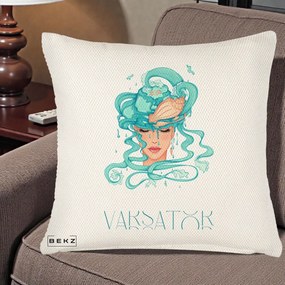 Perna Personalizata Zodiac Varsator Cowgirl, 40x40 cm, Crem Reliefat, Husa Detasabila, Perna Inclusa, BEKZ®