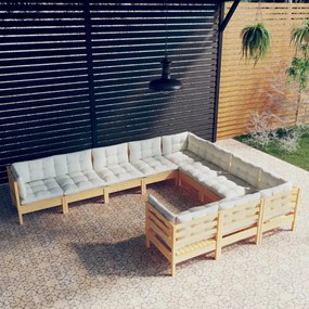 3096995 vidaXL Set mobilier grădină cu perne crem, 10 piese, lemn de pin