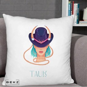 Perna Personalizata Zodie Taur, 40x40 cm, Alb Pufos, Husa Detasabila, Perna Inclusa, BEKZ®