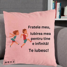 Cadou pentru Frate - Perna Personalizata Fratele Meu Te Iubesc Copii Alergand Colorat, 40x40 cm, Roz, Husa Detasabila, Perna Inclusa, BEKZ®
