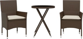 vidaXL Set bistro cu perne, 3 piese, maro, poliratan și sticlă