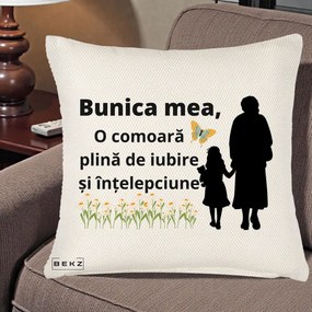 Cadou pentru Bunica - Perna Personalizata Bunica Mea Comoara Iubire Intelepciune Varianta Extinsa, 40x40 cm, Crem Reliefat, Husa Detasabila, Perna Inclusa, BEKZ®
