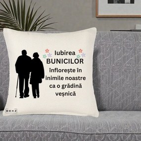 Cadou pentru Bunici - Perna Personalizata Bunicii Iubirea Infloreste Silueta Neagra Flori, 40x40 cm, Crem Reliefat, Husa Detasabila, Perna Inclusa, BEKZ®