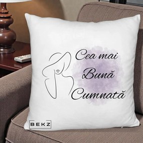 Cadou pentru Cumnata - Perna Personalizata Cea mai Buna Cumnata cu Silueta Dama si Pete Violet, 40x40 cm, Alb Pufos, Husa Detasabila, Perna Inclusa, BEKZ®