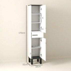 HOMCOM Dulap Înalt de Baie cu Sertar 2 Uși și Rafturi Ajustabile Mobilier Auxiliar de Baie Antirăsturnare 34x32x170 cm Alb | Aosom Romania