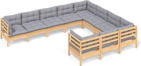 vidaXL Set mobilier de grădină cu perne gri 10 piese lemn masiv de pin