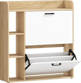 HOMCOM Dulap Slim pentru Pantofi cu 2 Sertare Rabatabile și 3 Compartimente, Capacitate 15 Perechi, 83x24x90,5 cm, Lemn și Alb | Aosom Romania