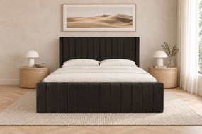 Pat tapițat din catifea Aurelia Simple 160×200 cm, negru, cu ladă de depozitare