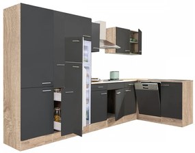Mobilă de bucătărie de colț Yorki 370 cu corp din stejar sonoma, față antracit satinat, dulap cu rafturi și frigider cu congelator superior
